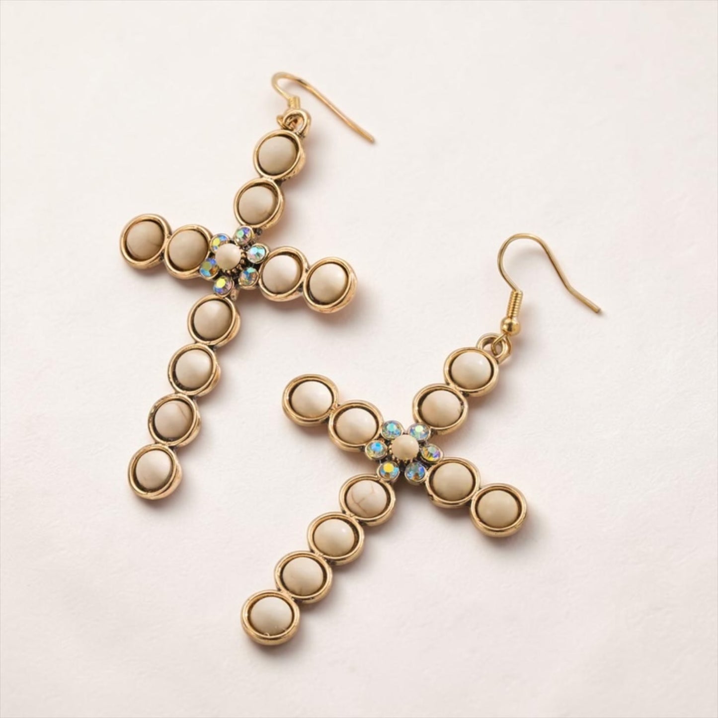 Bling Cross Earrings - Cream