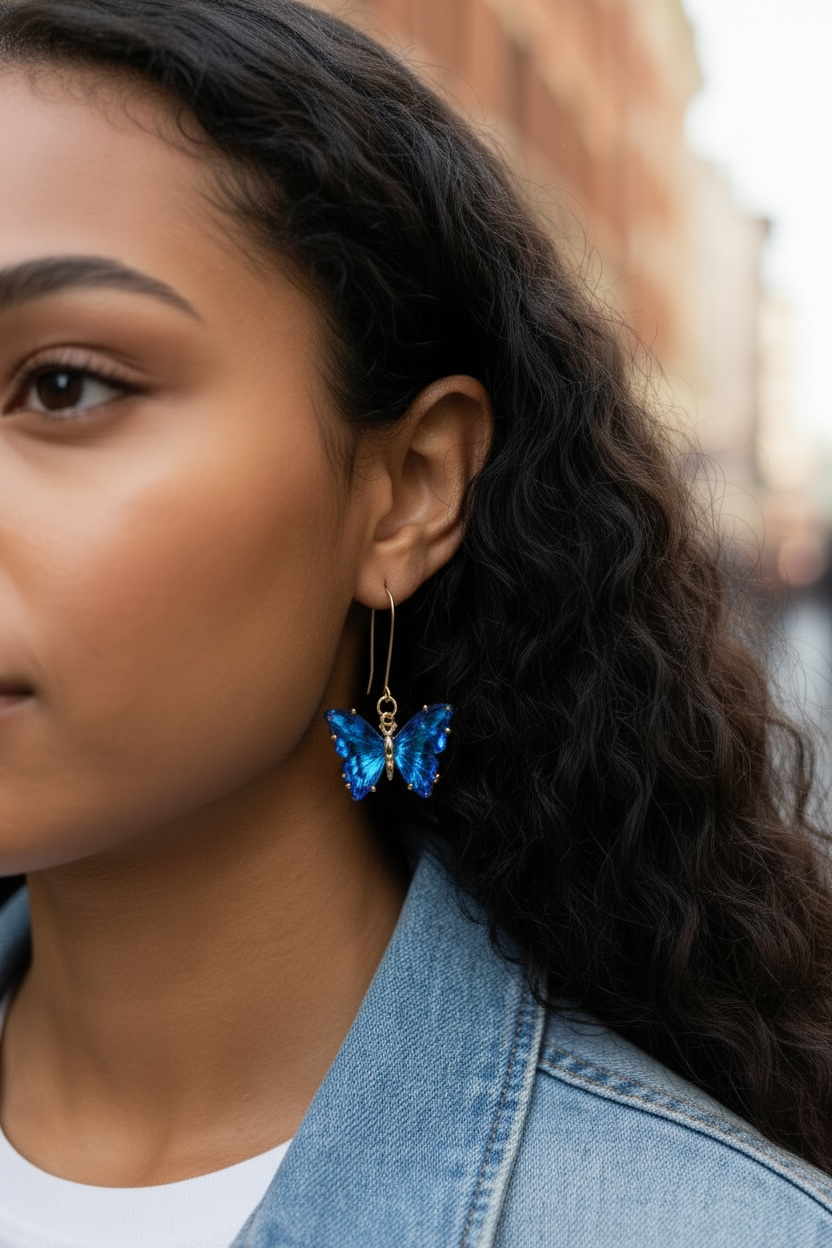 Bling Butterfly Drop Earrings - Royal Blue