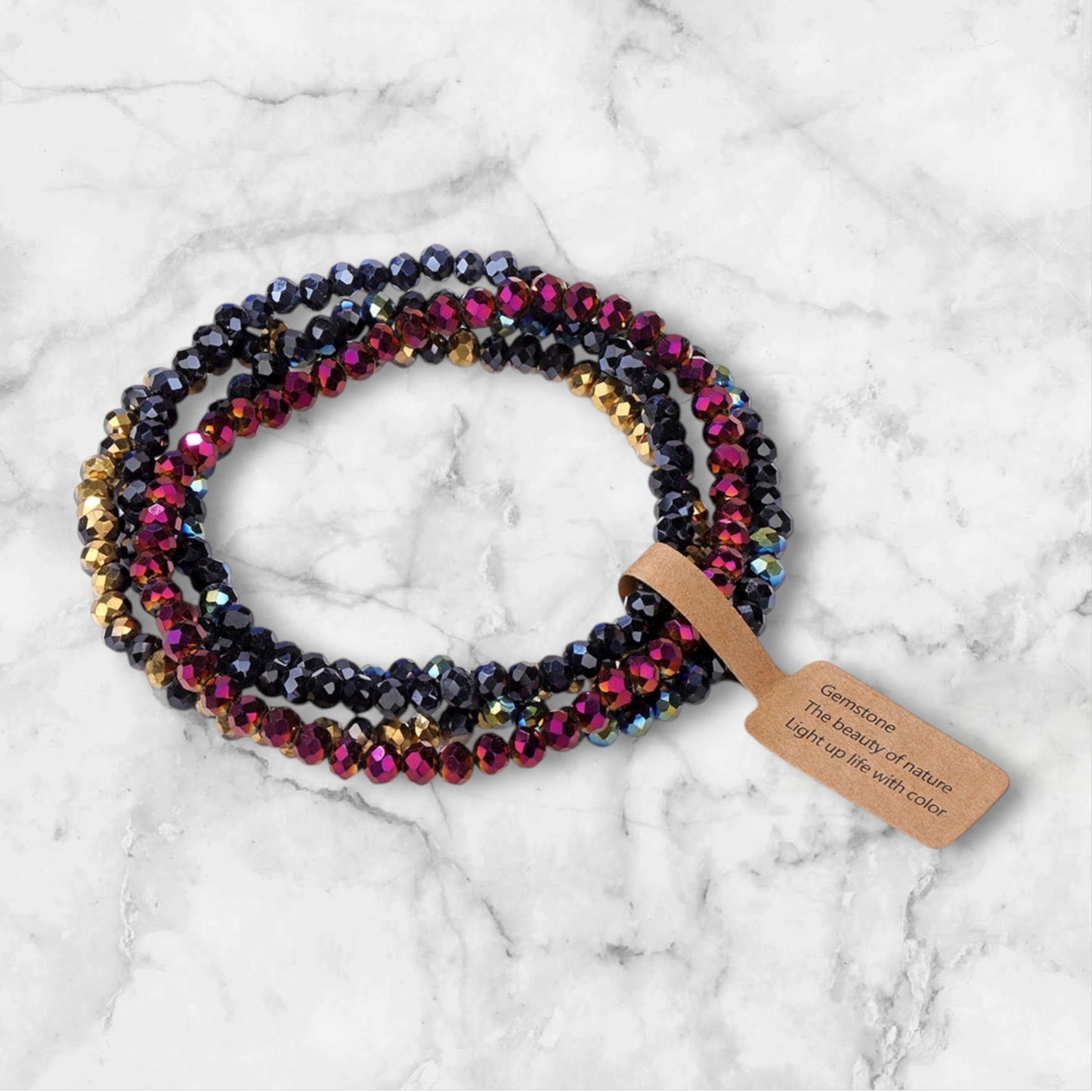 Gemstones Glass Beaded Bracelet - Dark Purple/Silver