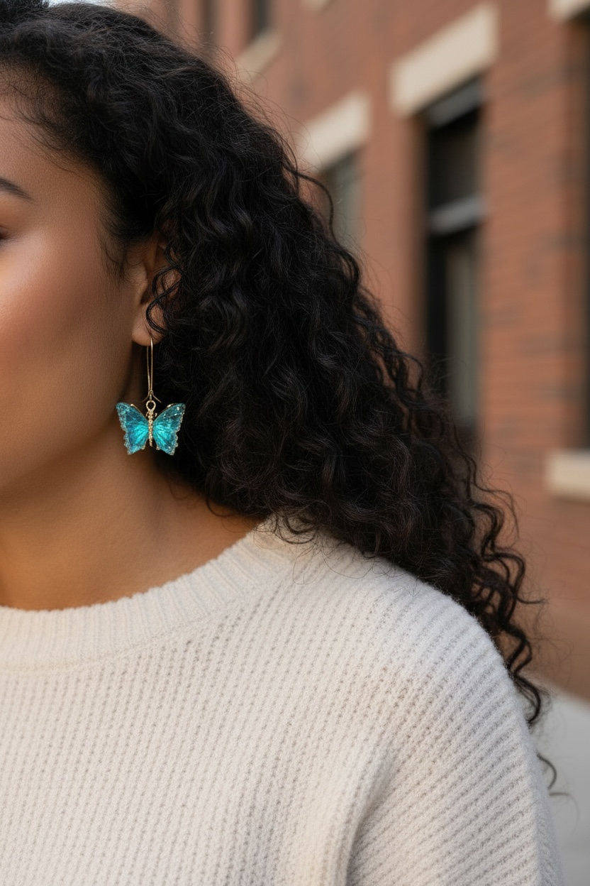 Bling Butterfly Drop Earrings - Light Blue