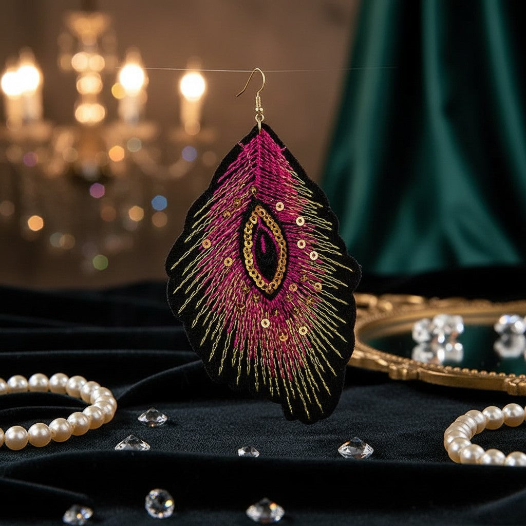 House of eLLe Feather Love earrings featuring pink and gold embroidery with sequins on a black felt base.