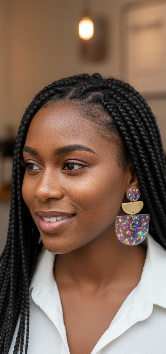 House of eLLe Time To Celebrate earrings featuring blue, purple, and gold glitter resin on a smiling woman.