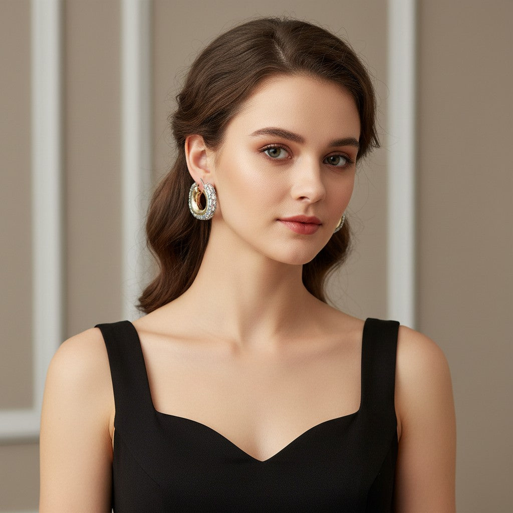 House of eLLe Mini Life Of The Party hoop earrings with white diamonds worn by a woman in a black dress.