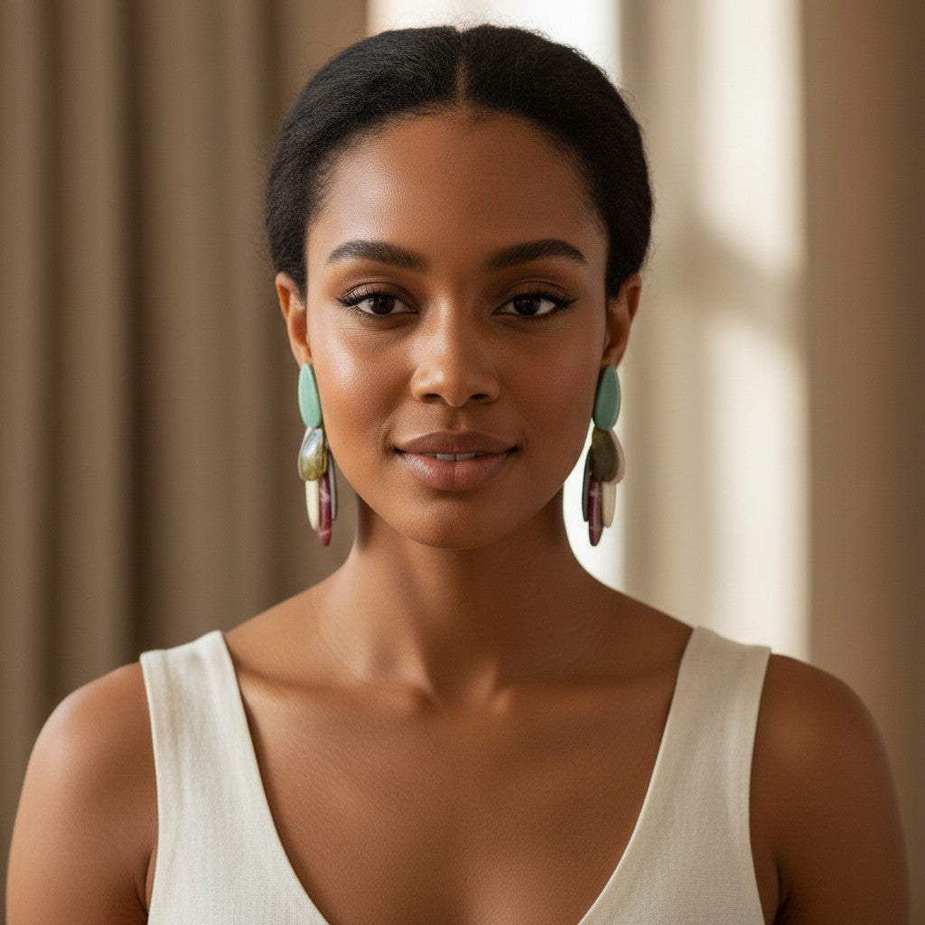 House of eLLe multi-color teardrop statement earrings with a layered design.