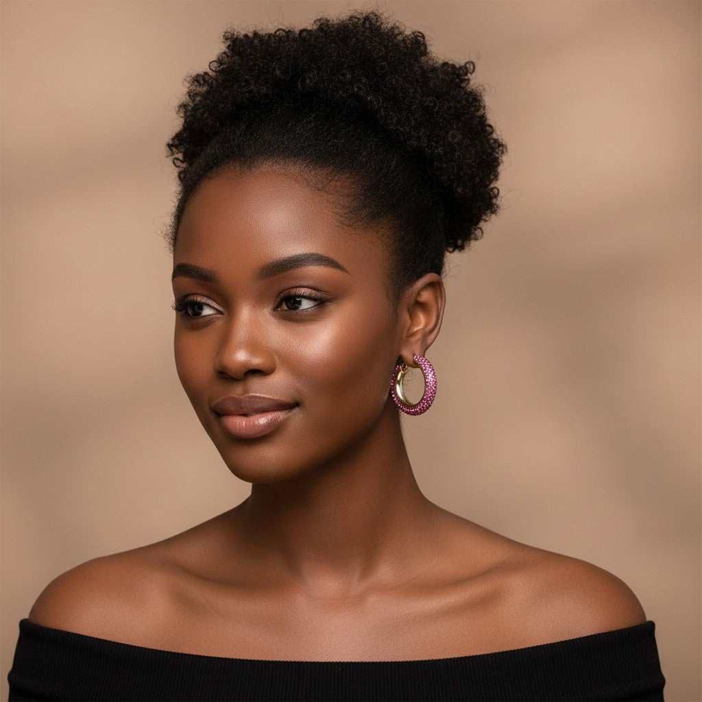 House of eLLe powder pink rhinestone hoop earrings worn by a woman with a natural updo hairstyle