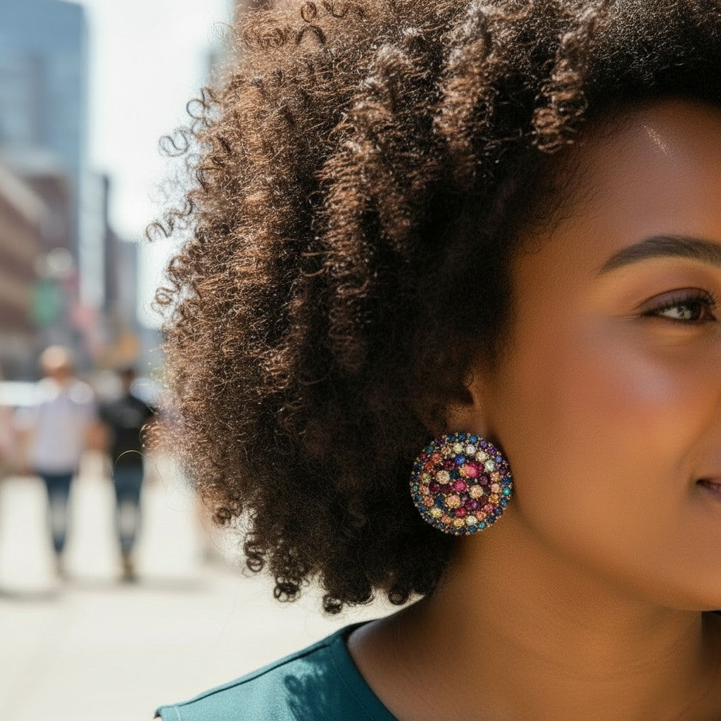 House of eLLe Bright Like A Diamond earrings with purple tint, featuring colorful stones.