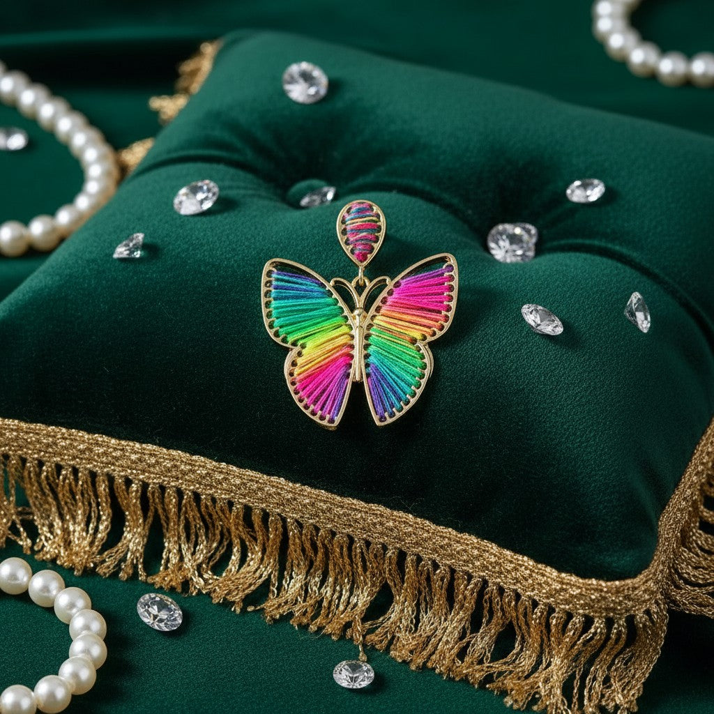 House of eLLe rainbow butterfly earrings featuring vibrant thread embroidery on a green velvet cushion with pearls.