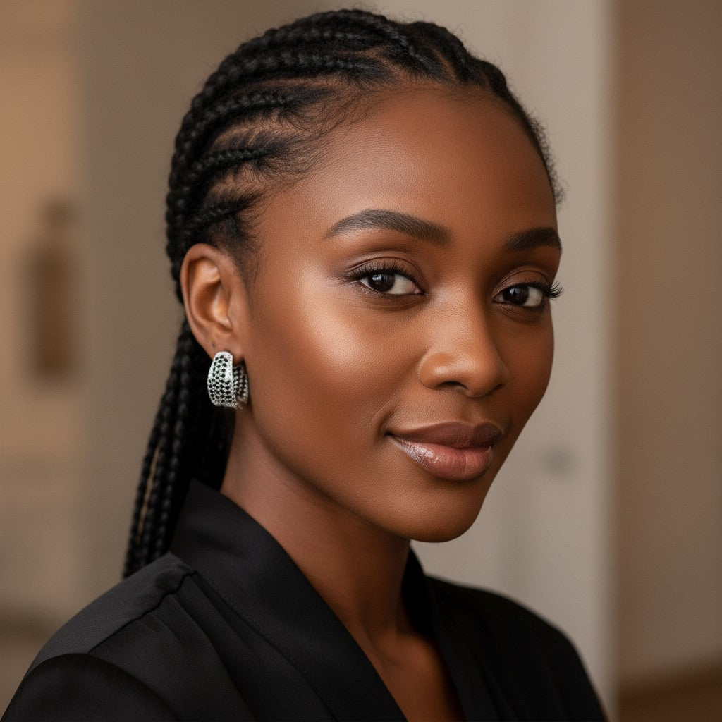 House of eLLe Dipped In Bling silver hoop earrings with black diamonds worn by a woman with braided hair.