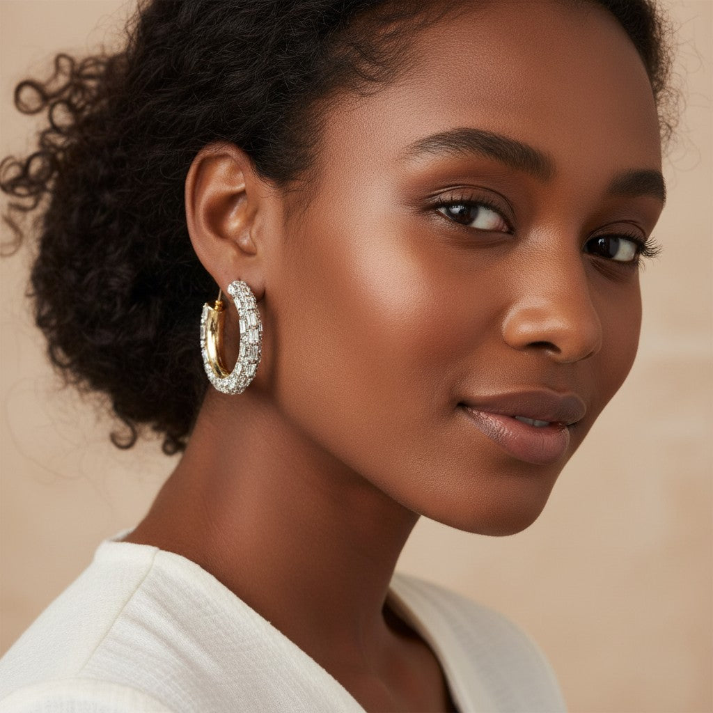 Model wearing House of eLLe Life Of The Party white crystal hoop earrings for a glamorous look.