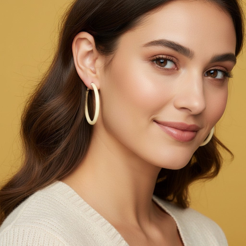 House of eLLe Springtime yellow hoop earrings worn by a smiling woman with long brown hair