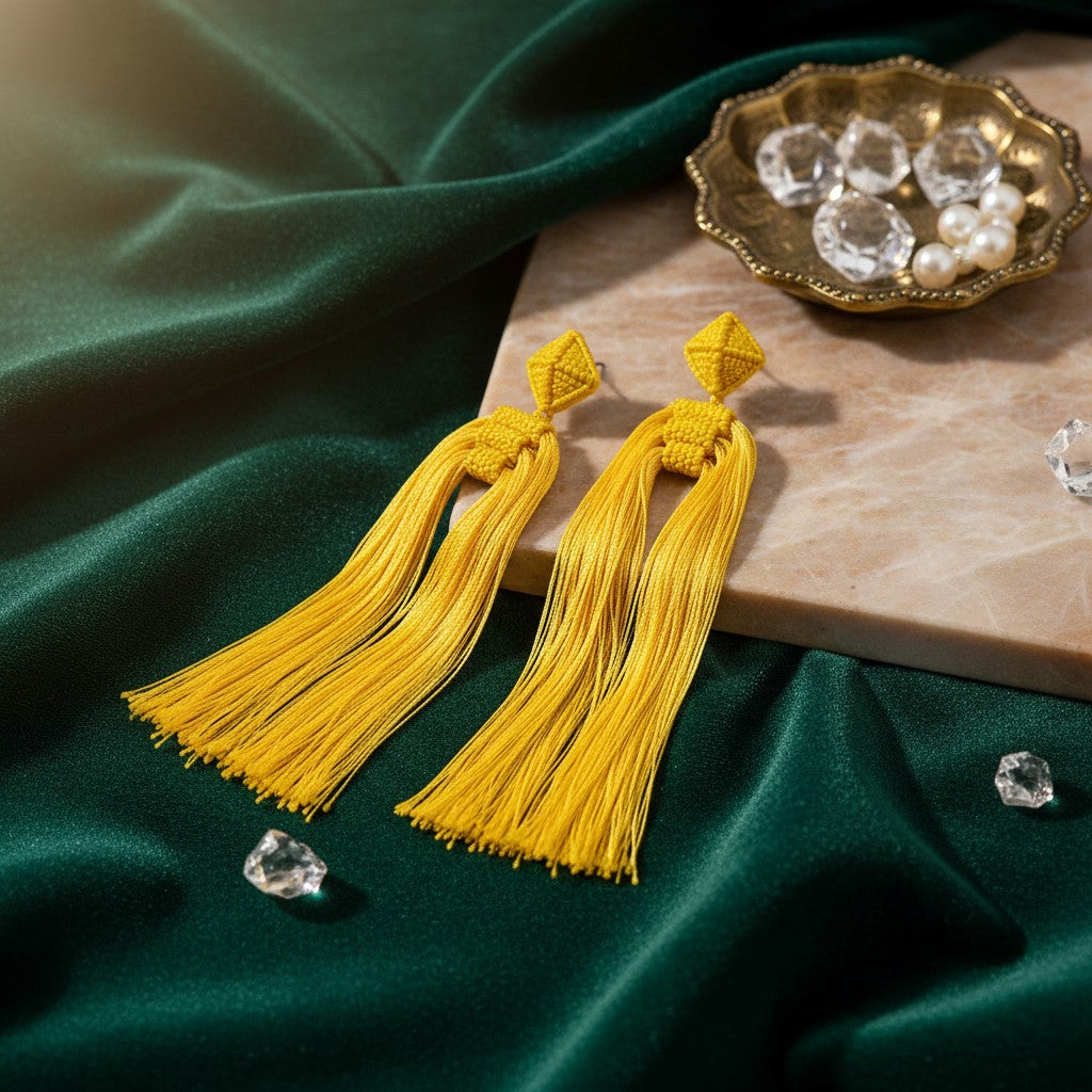 House of eLLe Queen Era yellow tassel earrings with geometric stud tops on a dark green satin background