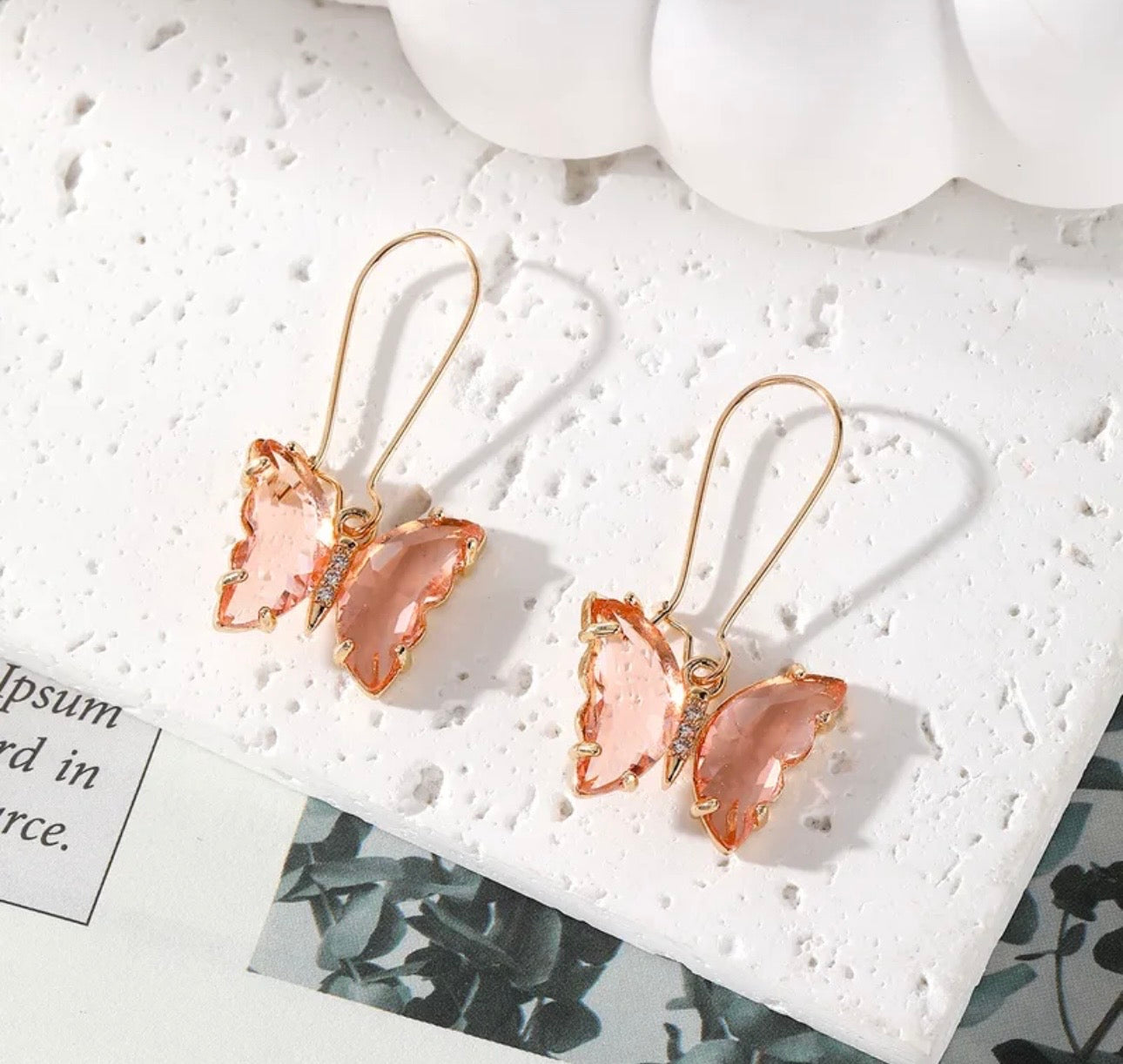 Bling Butterfly Drop Earrings - Light Pink