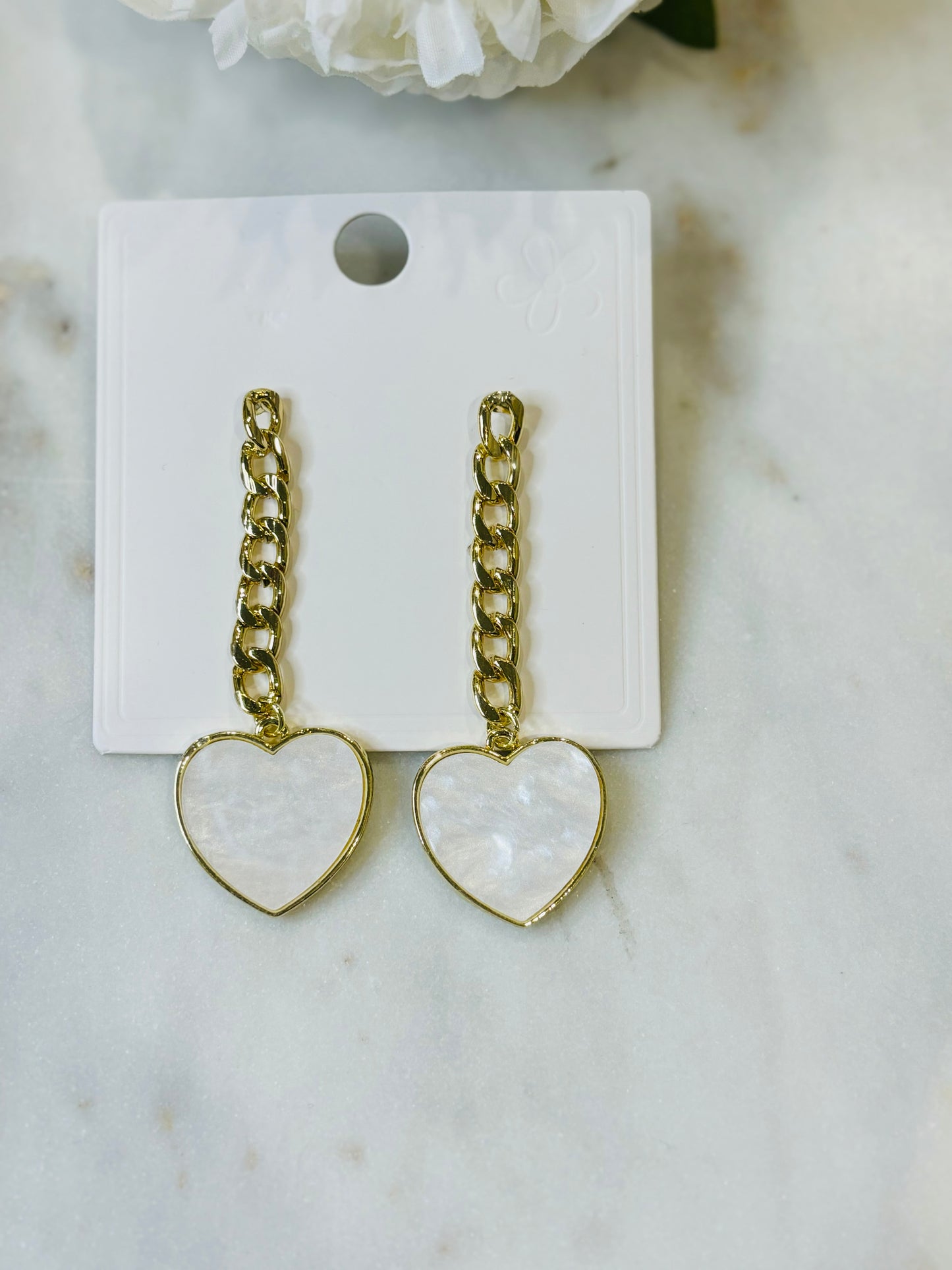 Golden Pearl White Heart Earrings
