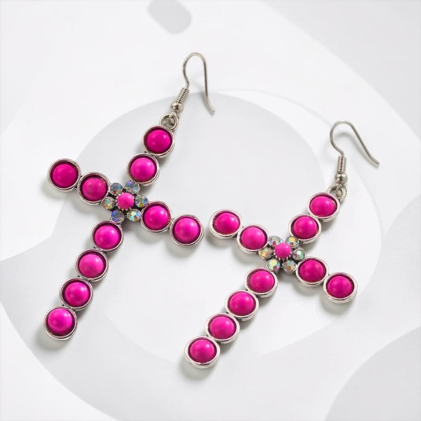 Bling Cross Earrings - Dark Pink
