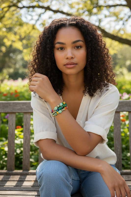 Spring Ready Beaded Wrap Around Bracelets - Green Multi