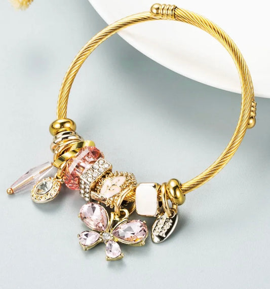 My Glass Butterfly Bracelet Pink - Stainless Steel/Alloy Gold Plated