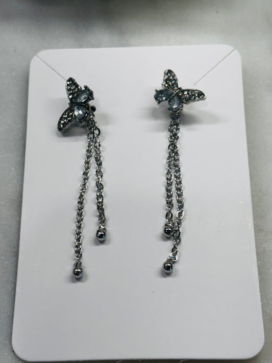 Butterfly Diamond Drop Jacket Earrings - Silver