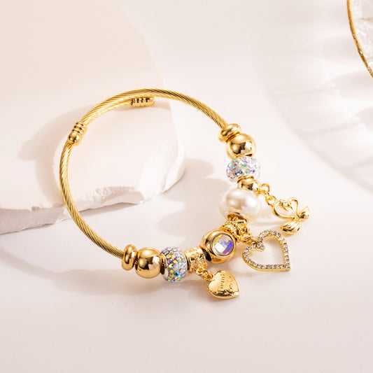 Double Swan Rhinestone Heart Bracelet - White