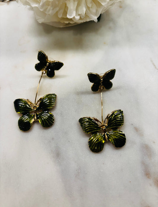 Double Butterflies Drop Earrings - Green