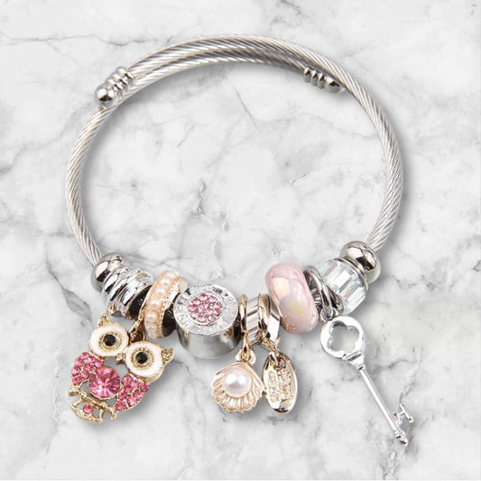 Owl In This Together Bracelet - Silver/Pink
