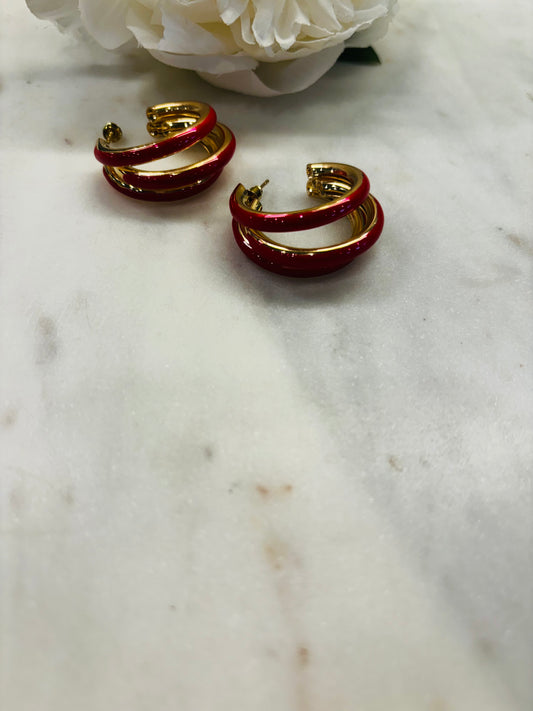 Three Ways 18k Gold Plated Earrings - Red