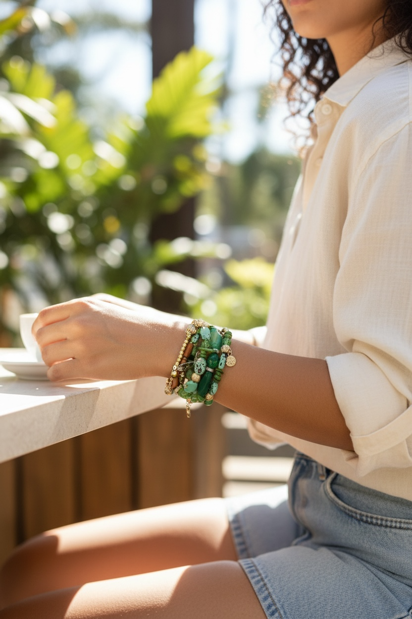 Spring Ready Beaded Wrap Around Bracelets - Green