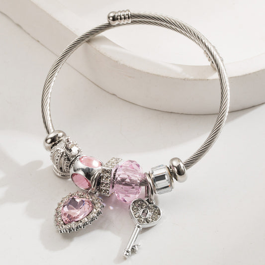Rhinestone Heart Bracelet - Pink/Silver