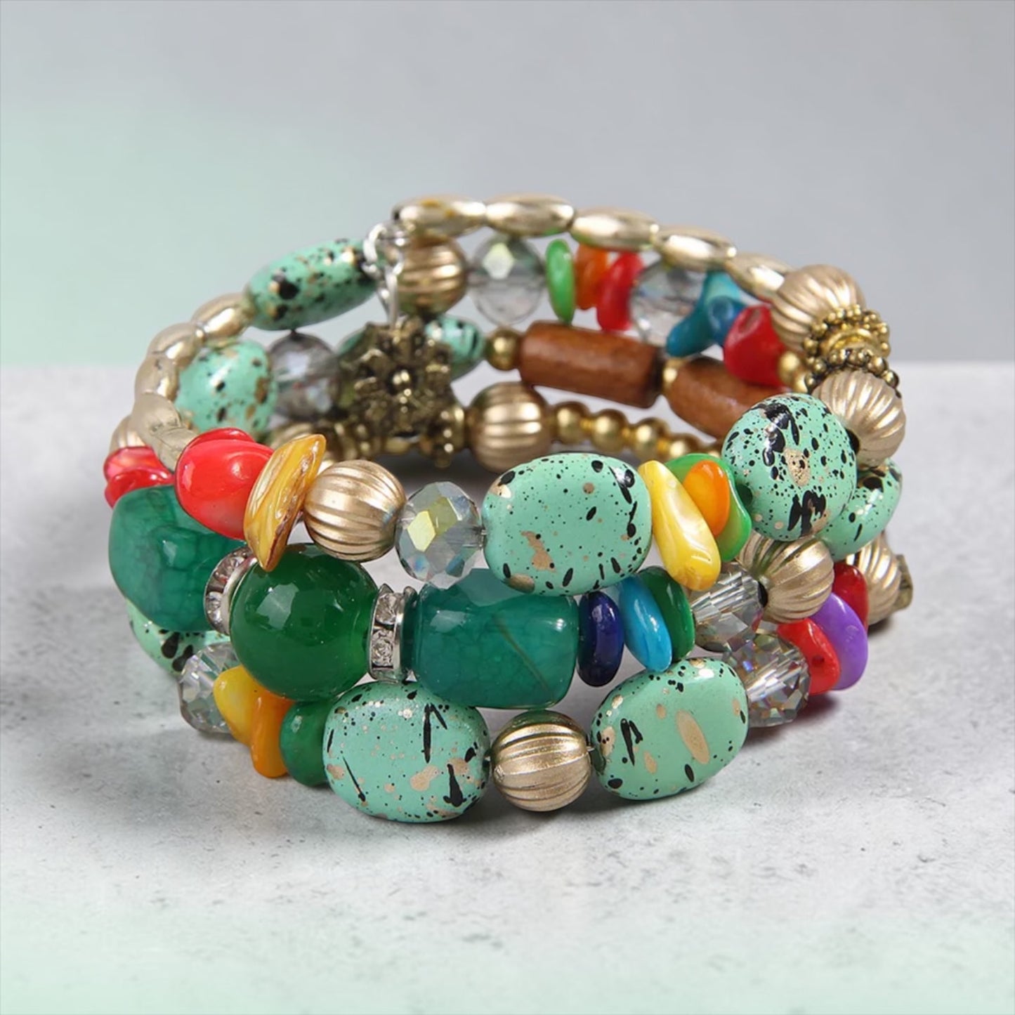 Spring Ready Beaded Wrap Around Bracelets - Green Multi