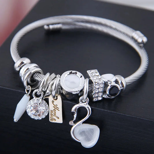 Beautiful Swan Charm Rhinestone Bracelet - White