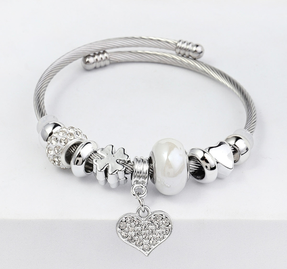 Stainless Steel Rhinestone Heart Bracelet/White Pearl