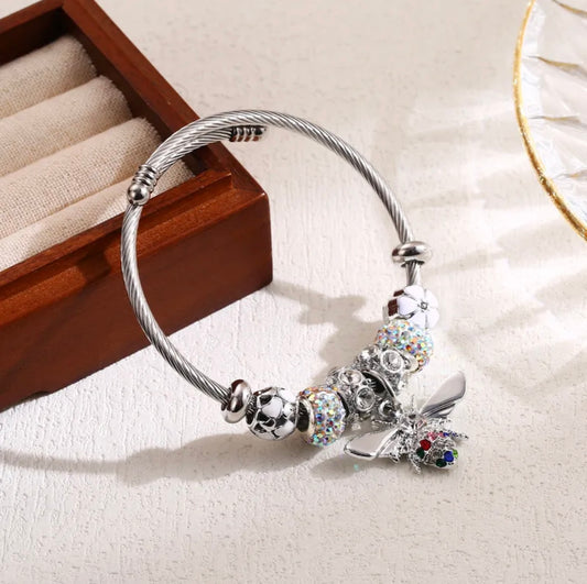 Bee Mine Silver Stainless Steel Rhinestone Bracelet - Colorful
