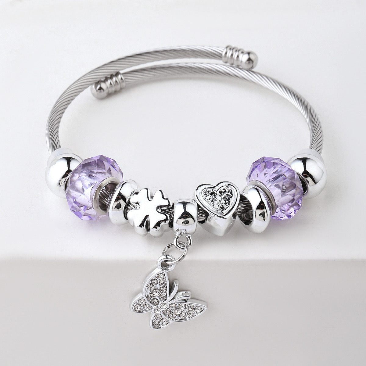 Stainless Steel Rhinestone Butterfly Bracelet - Lilac