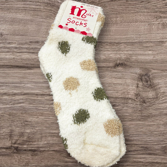 My Favorite Fuzzy Socks - White - Brown Dots