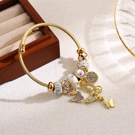 Three Butterflies Gold Rhinestone Bracelet White - Stainless Steel/Alloy Gold Plated