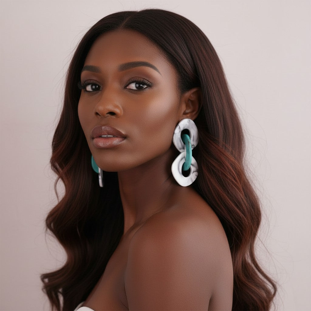 House of eLLe Never A Dull Moment abstract marble earrings in gray, white, and teal.