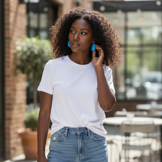 Model wearing House of eLLe Always In Style blue hoop earrings with a white t-shirt in an outdoor cafe setting.