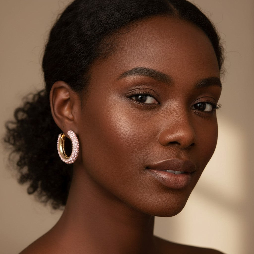 House of eLLe Party Time blush pink rhinestone hoop earrings worn by a woman with a natural makeup look.