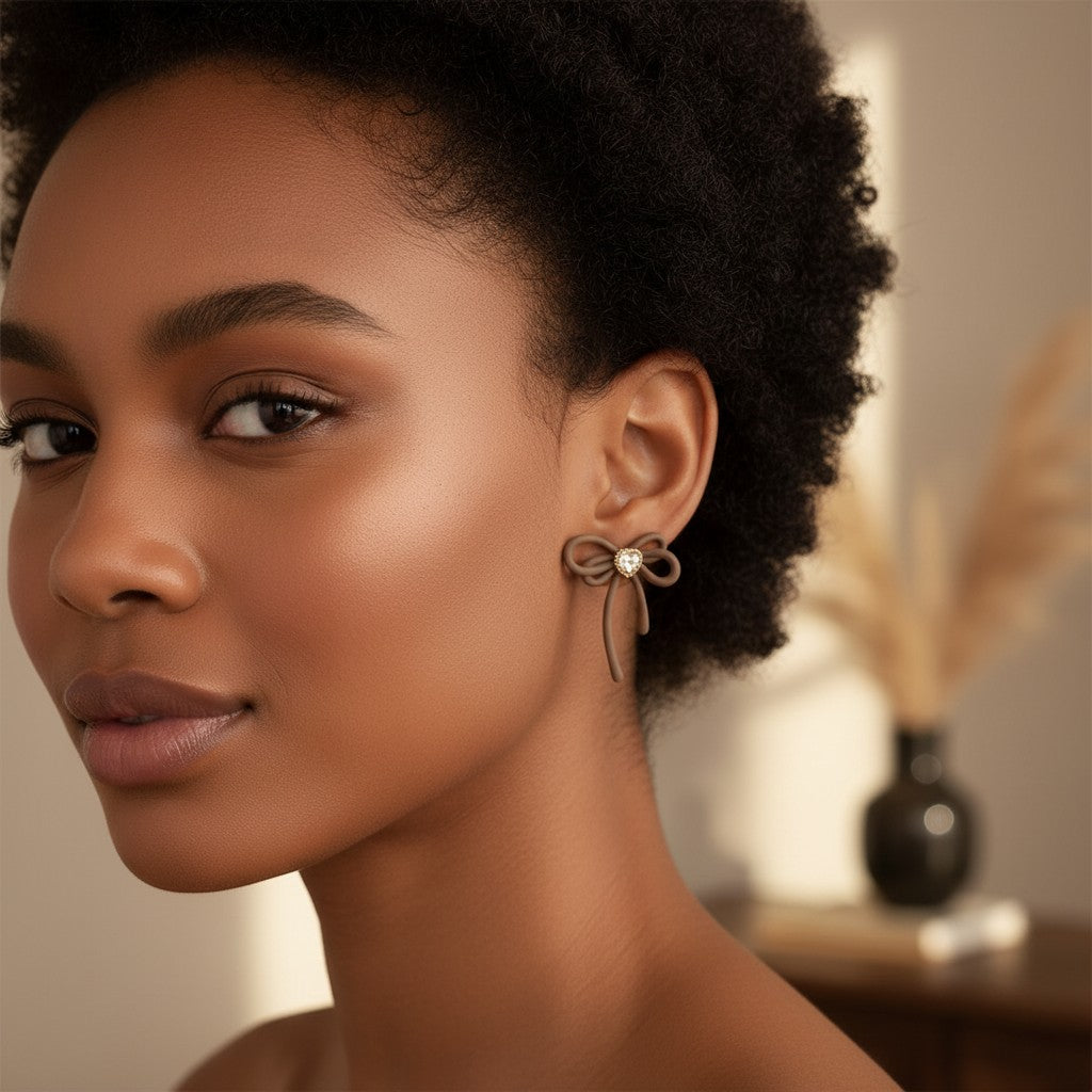 House of eLLe Cappucinno Bows earrings featuring a small crystal center on a model with warm-toned skin.