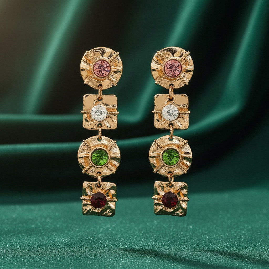 House of eLLe Four Reasons drop earrings featuring gold-tone metal with pink, clear, green, and red crystal accents.