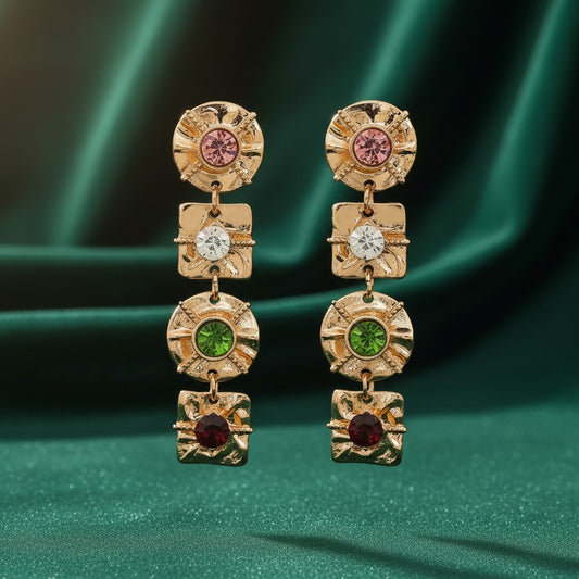 House of eLLe Four Reasons drop earrings featuring gold-tone metal with pink, clear, green, and red crystal accents.