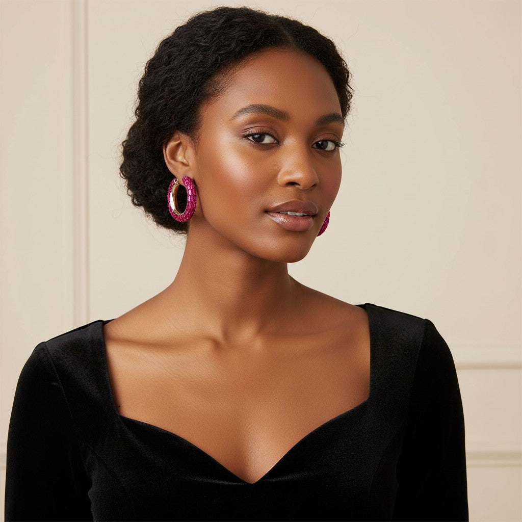 Model wearing House of eLLe Life Of The Party dark pink crystal hoop earrings with a black velvet dress