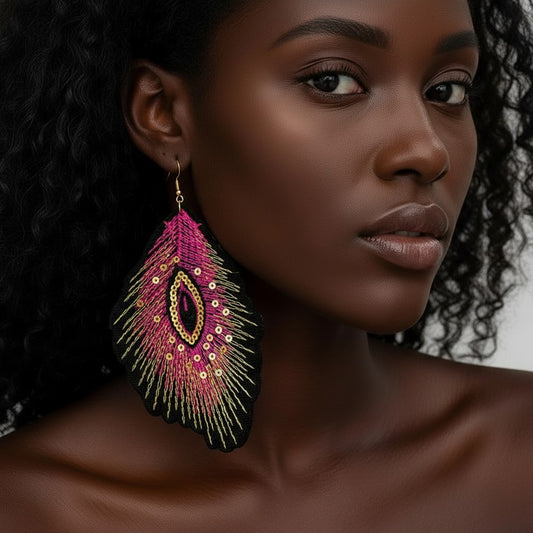 Model wearing House of eLLe Feather Love earrings with black and pink embroidered feather design and gold sequins.