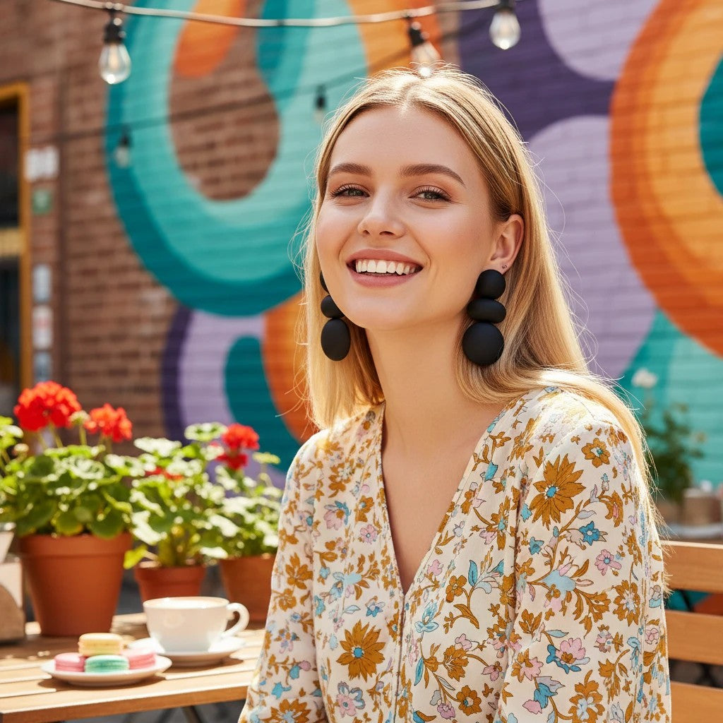 Model wearing House of eLLe I'm Flexible black statement earrings with a triple-sphere design in a cafe setting.