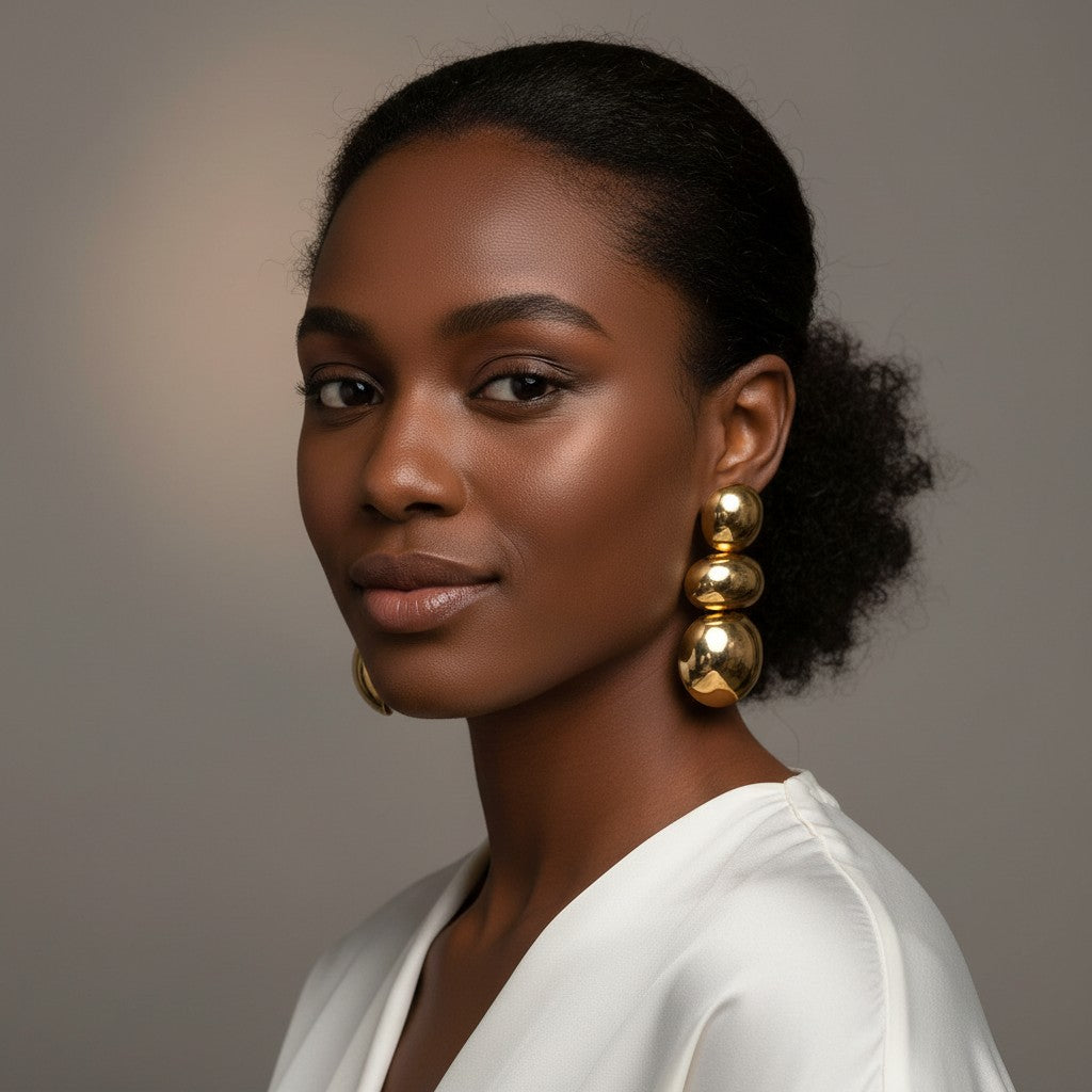 Model wearing House of eLLe I'm Flexible gold statement earrings featuring three stacked polished spheres.