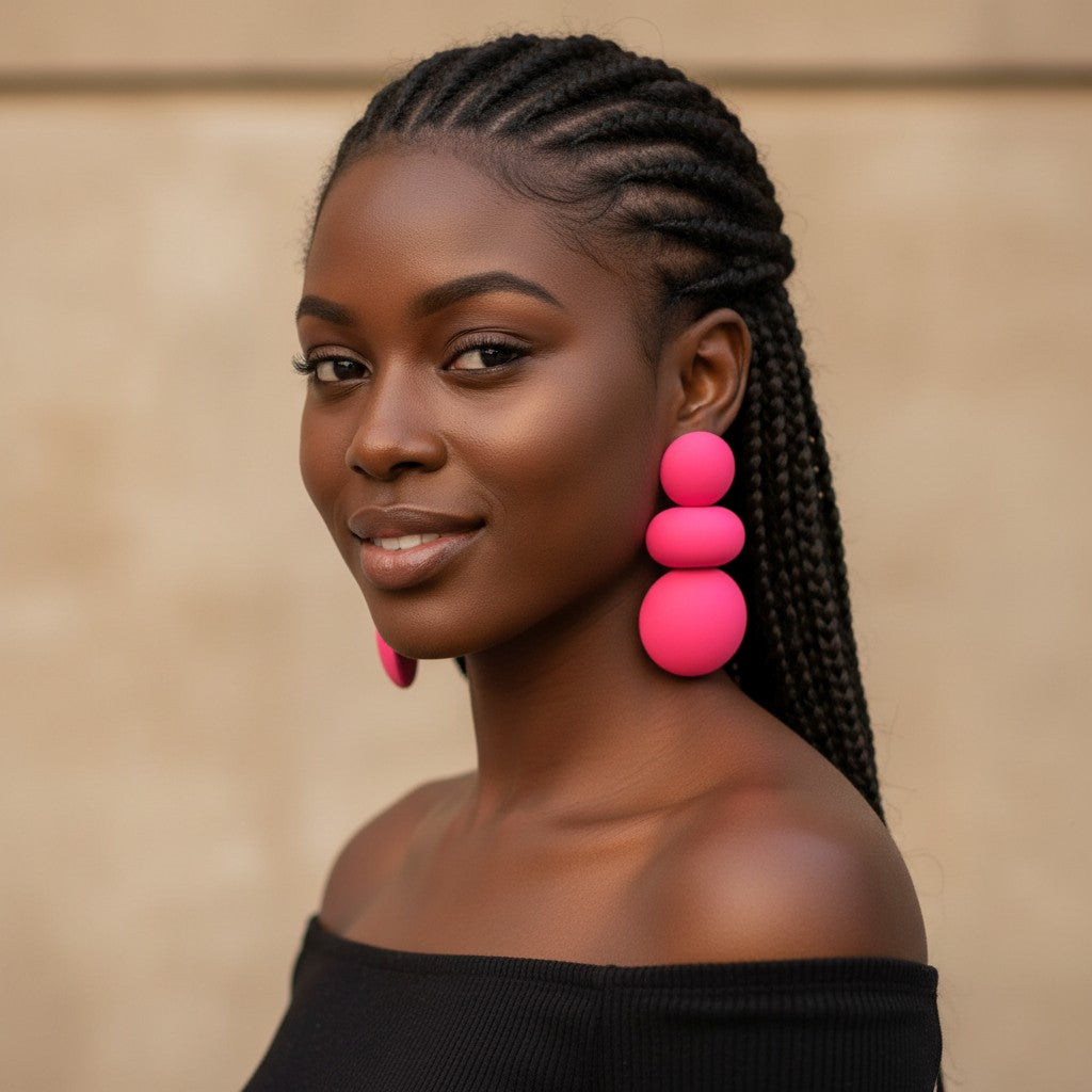 Model wearing House of eLLe I'm Flexible rose red statement earrings with stacked matte spherical shapes.