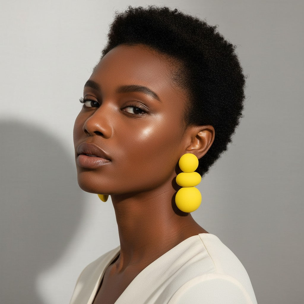 Model wearing House of eLLe I'm Flexible yellow statement earrings featuring a stacked three-sphere design.