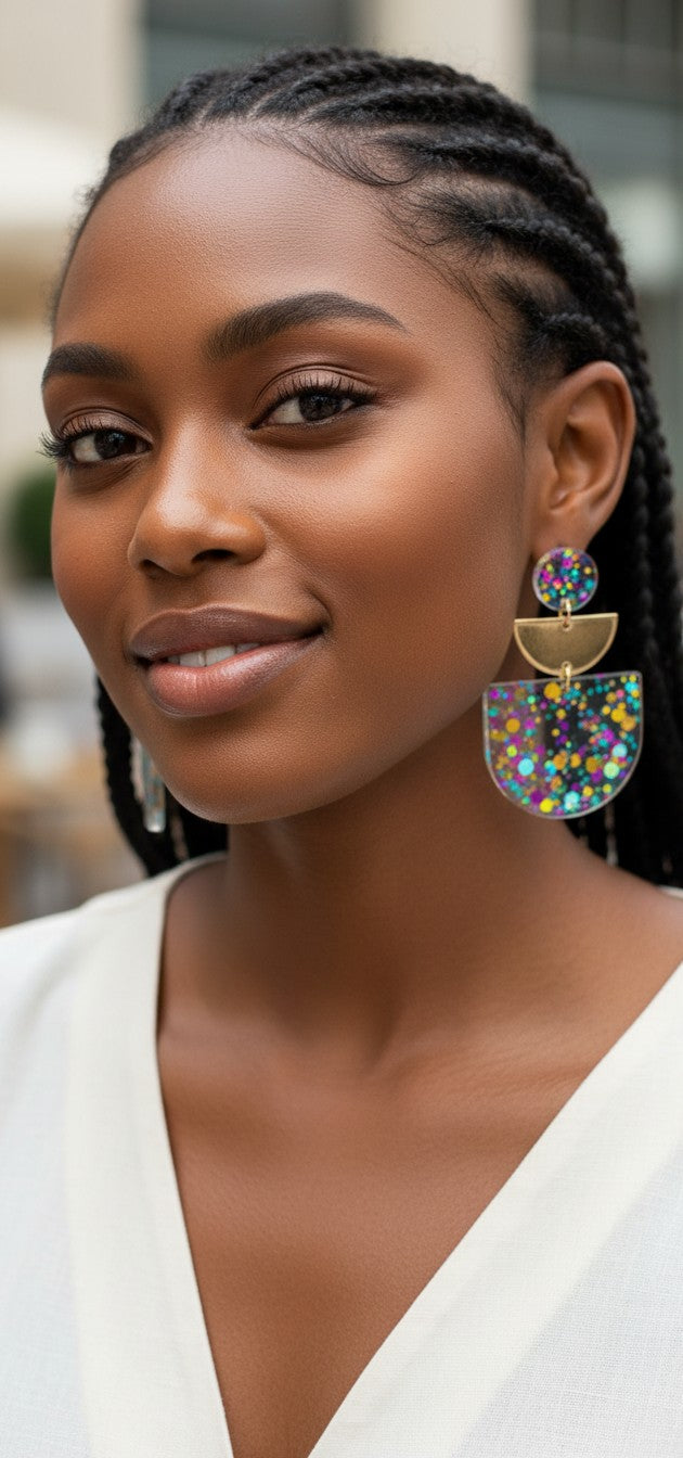 House of eLLe Time To Celebrate earrings featuring blue, purple, and gold glitter geometric shapes on a model.