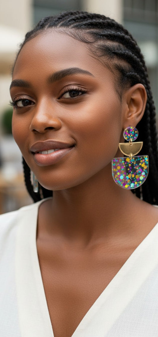 House of eLLe Time To Celebrate earrings featuring blue, purple, and gold glitter geometric shapes on a model.