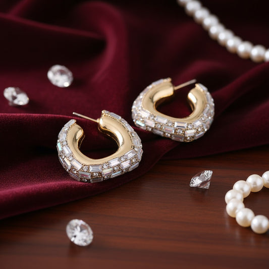 House of eLLe Mini Life Of The Party gold hoop earrings with white baguette diamonds on deep red velvet fabric.