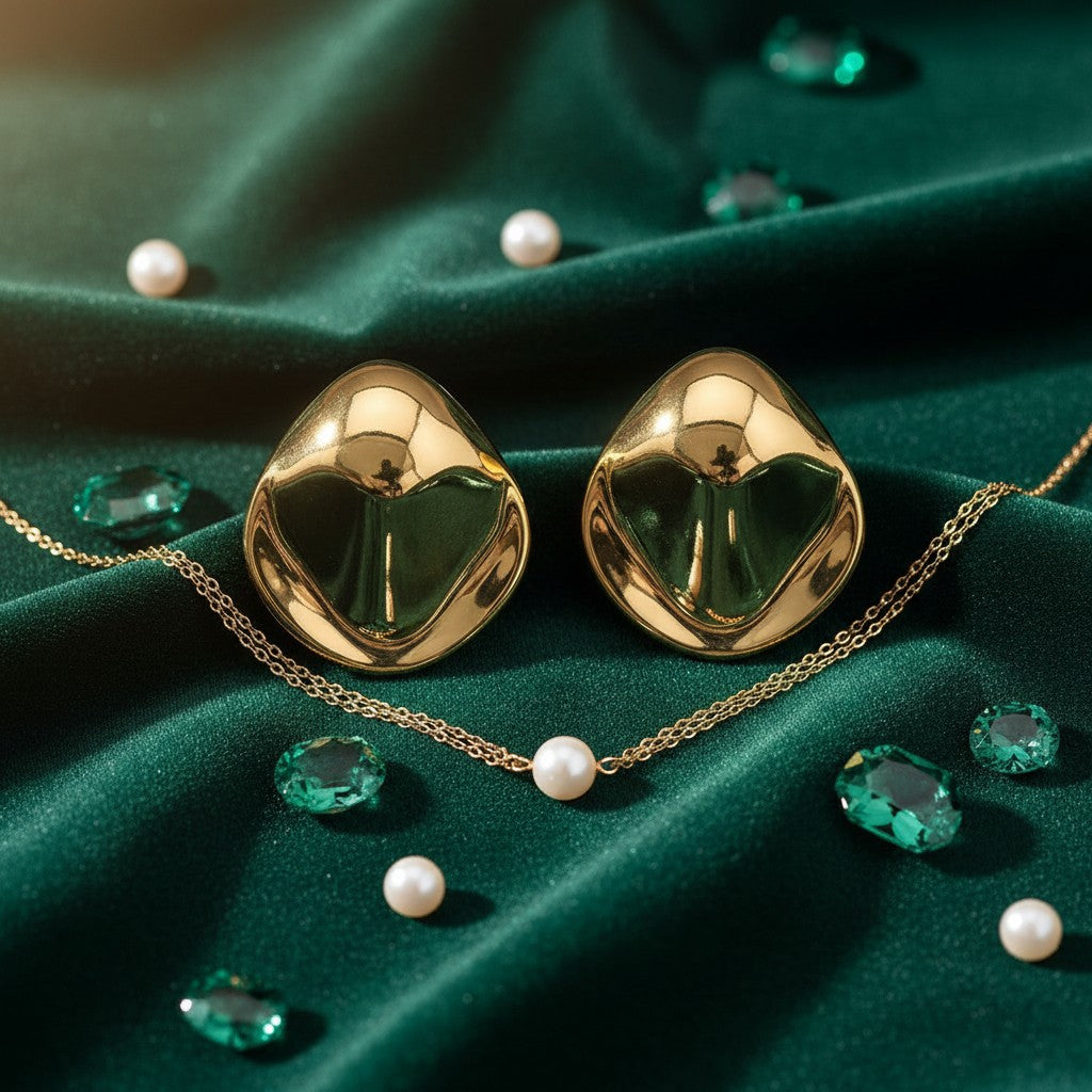 House of eLLe I'm So Serious gold earrings with a smooth, sculptural design on a dark green velvet background.